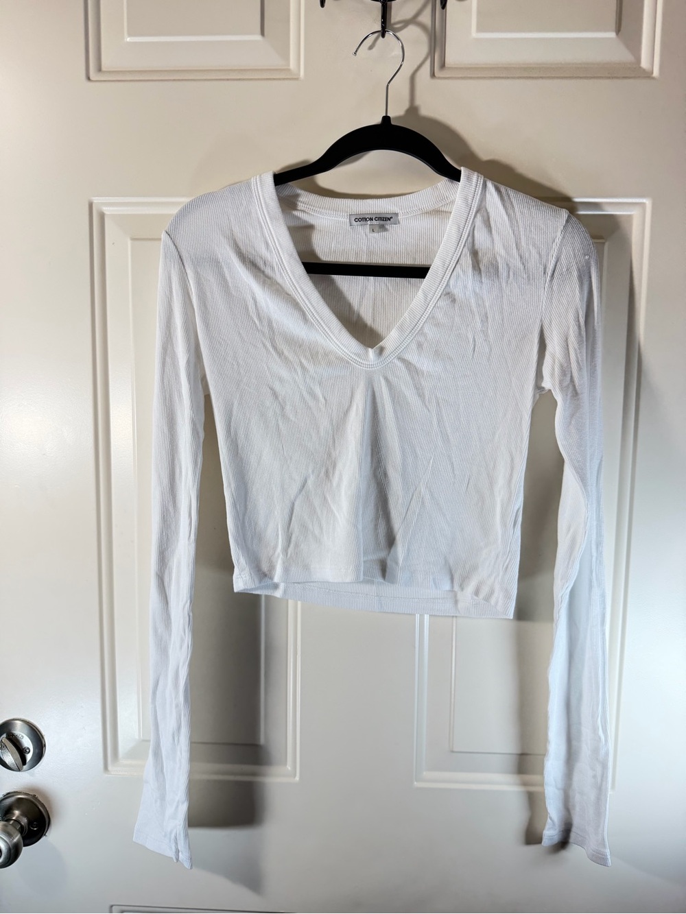 Cotton Citizen Verona Crop U Neck Shirt Lrg White Ribbed Long Sleeve 0494